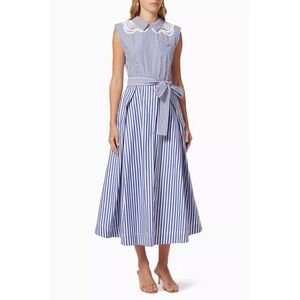 Self-Portrait Embroidered Stripe Cotton Midi Dress
